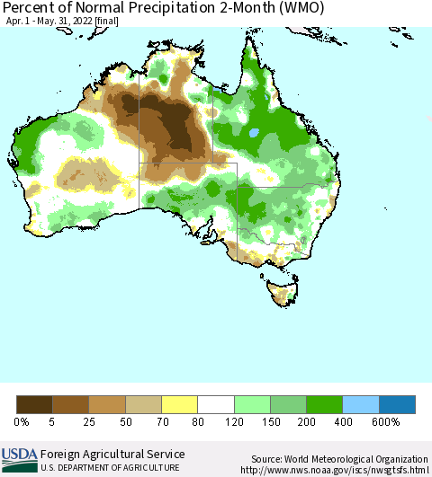 Australia Percent of Normal Precipitation 2-Month (WMO) Thematic Map For 4/1/2022 - 5/31/2022