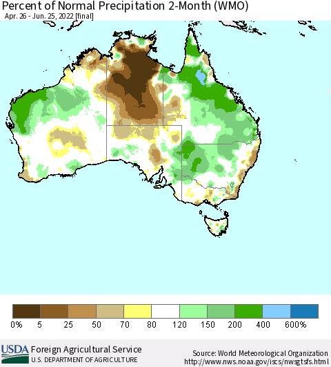 Australia Percent of Normal Precipitation 2-Month (WMO) Thematic Map For 4/26/2022 - 6/25/2022