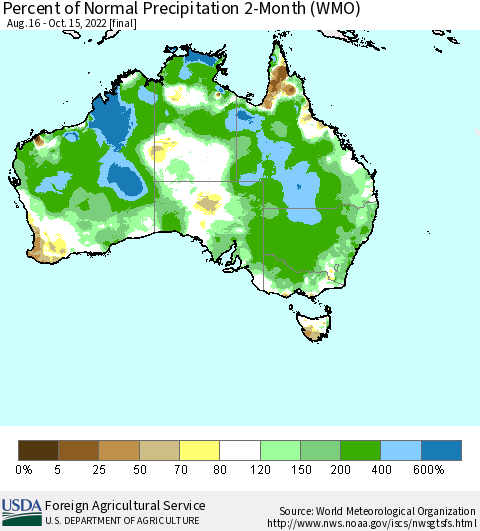 Australia Percent of Normal Precipitation 2-Month (WMO) Thematic Map For 8/16/2022 - 10/15/2022