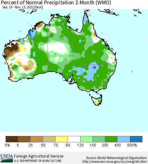 Australia Percent of Normal Precipitation 2-Month (WMO) Thematic Map For 9/16/2022 - 11/15/2022