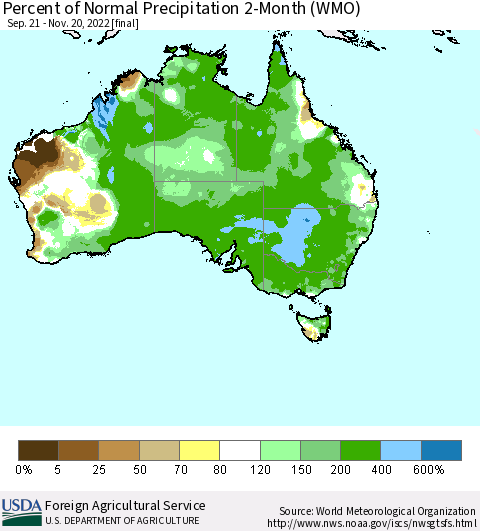 Australia Percent of Normal Precipitation 2-Month (WMO) Thematic Map For 9/21/2022 - 11/20/2022