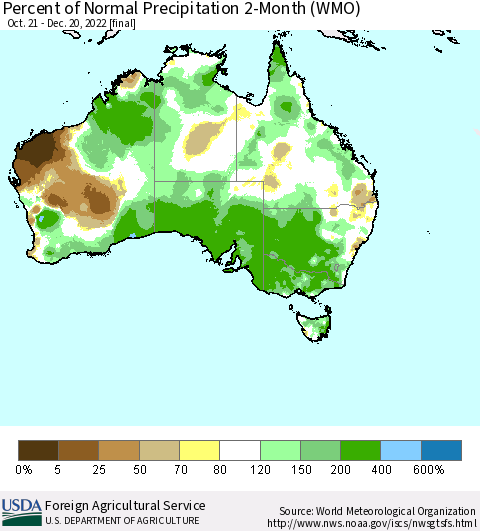 Australia Percent of Normal Precipitation 2-Month (WMO) Thematic Map For 10/21/2022 - 12/20/2022