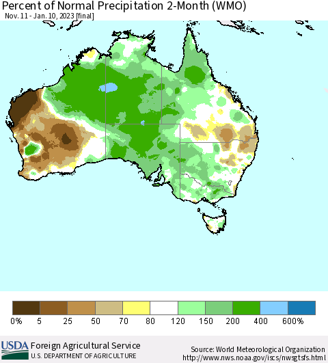 Australia Percent of Normal Precipitation 2-Month (WMO) Thematic Map For 11/11/2022 - 1/10/2023