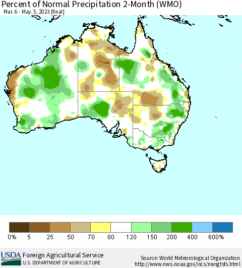 Australia Percent of Normal Precipitation 2-Month (WMO) Thematic Map For 3/6/2023 - 5/5/2023