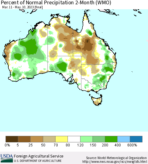 Australia Percent of Normal Precipitation 2-Month (WMO) Thematic Map For 3/11/2023 - 5/10/2023