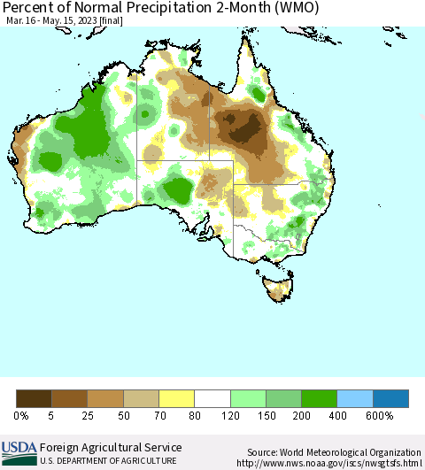 Australia Percent of Normal Precipitation 2-Month (WMO) Thematic Map For 3/16/2023 - 5/15/2023
