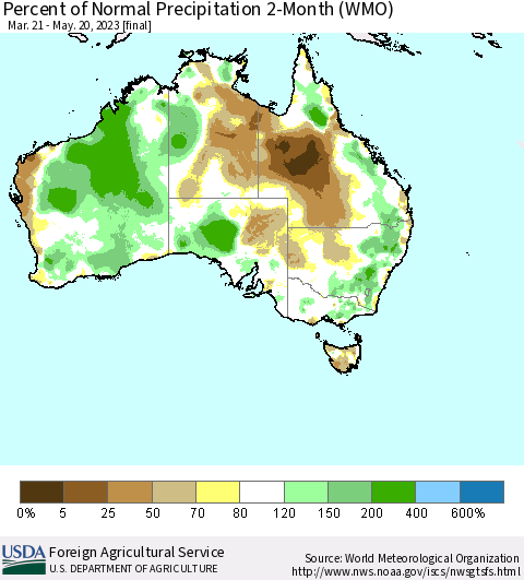 Australia Percent of Normal Precipitation 2-Month (WMO) Thematic Map For 3/21/2023 - 5/20/2023