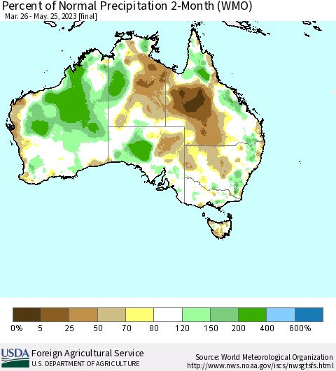 Australia Percent of Normal Precipitation 2-Month (WMO) Thematic Map For 3/26/2023 - 5/25/2023