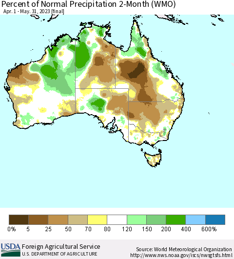 Australia Percent of Normal Precipitation 2-Month (WMO) Thematic Map For 4/1/2023 - 5/31/2023