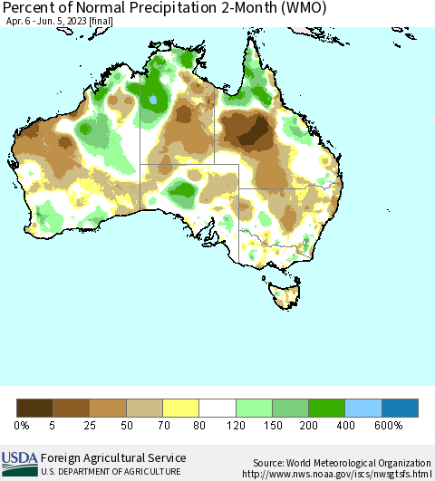 Australia Percent of Normal Precipitation 2-Month (WMO) Thematic Map For 4/6/2023 - 6/5/2023