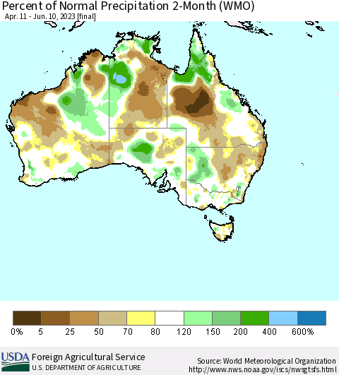 Australia Percent of Normal Precipitation 2-Month (WMO) Thematic Map For 4/11/2023 - 6/10/2023