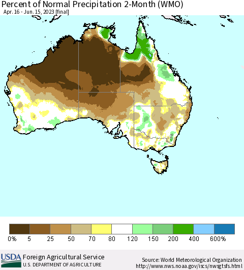 Australia Percent of Normal Precipitation 2-Month (WMO) Thematic Map For 4/16/2023 - 6/15/2023