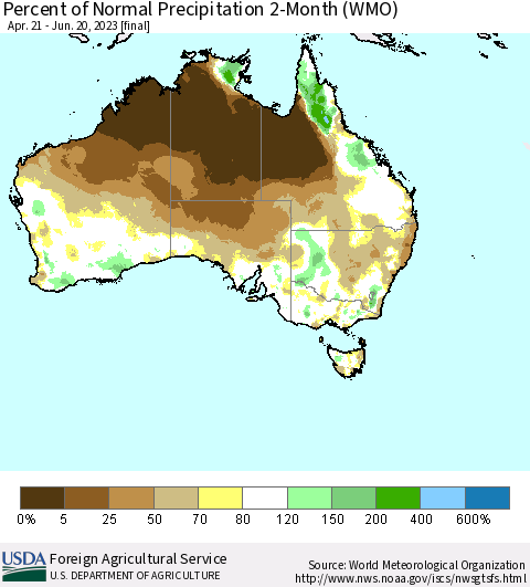 Australia Percent of Normal Precipitation 2-Month (WMO) Thematic Map For 4/21/2023 - 6/20/2023