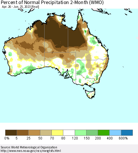 Australia Percent of Normal Precipitation 2-Month (WMO) Thematic Map For 4/26/2023 - 6/25/2023