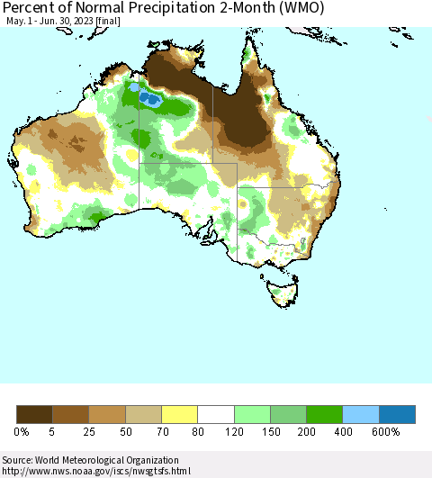 Australia Percent of Normal Precipitation 2-Month (WMO) Thematic Map For 5/1/2023 - 6/30/2023