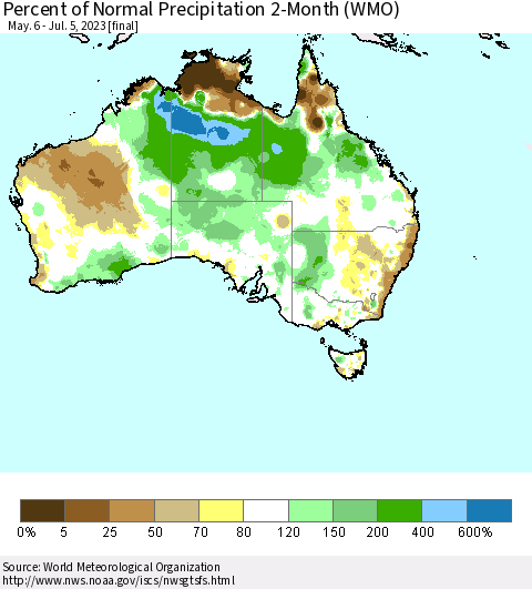 Australia Percent of Normal Precipitation 2-Month (WMO) Thematic Map For 5/6/2023 - 7/5/2023