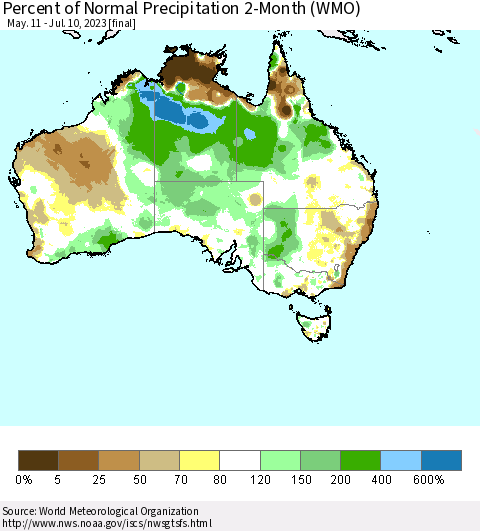 Australia Percent of Normal Precipitation 2-Month (WMO) Thematic Map For 5/11/2023 - 7/10/2023