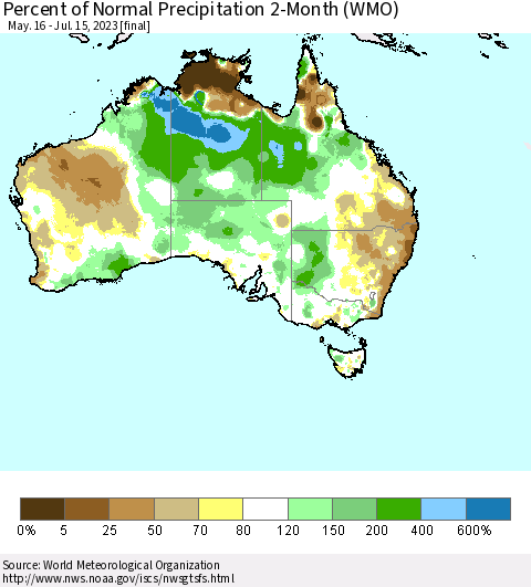Australia Percent of Normal Precipitation 2-Month (WMO) Thematic Map For 5/16/2023 - 7/15/2023
