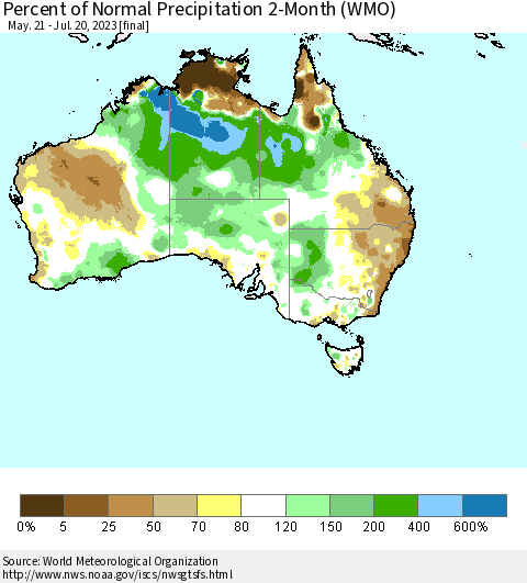 Australia Percent of Normal Precipitation 2-Month (WMO) Thematic Map For 5/21/2023 - 7/20/2023