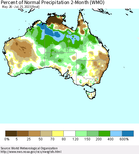 Australia Percent of Normal Precipitation 2-Month (WMO) Thematic Map For 5/26/2023 - 7/25/2023