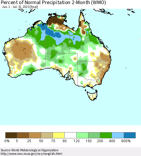 Australia Percent of Normal Precipitation 2-Month (WMO) Thematic Map For 6/1/2023 - 7/31/2023
