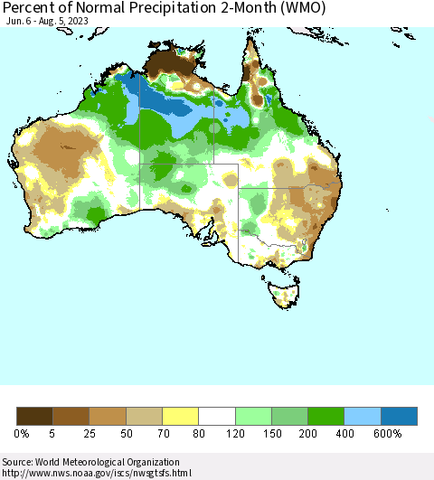 Australia Percent of Normal Precipitation 2-Month (WMO) Thematic Map For 6/6/2023 - 8/5/2023