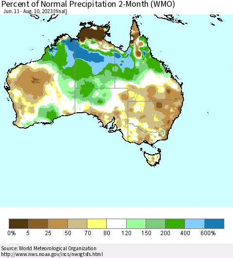 Australia Percent of Normal Precipitation 2-Month (WMO) Thematic Map For 6/11/2023 - 8/10/2023