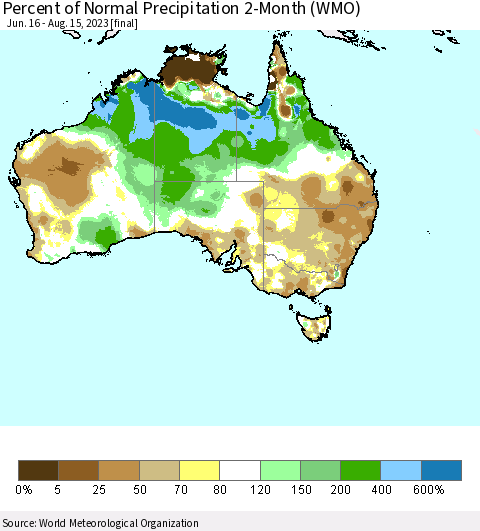 Australia Percent of Normal Precipitation 2-Month (WMO) Thematic Map For 6/16/2023 - 8/15/2023