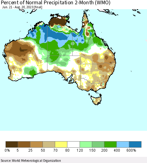Australia Percent of Normal Precipitation 2-Month (WMO) Thematic Map For 6/21/2023 - 8/20/2023