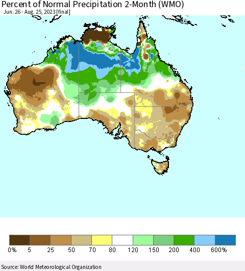 Australia Percent of Normal Precipitation 2-Month (WMO) Thematic Map For 6/26/2023 - 8/25/2023