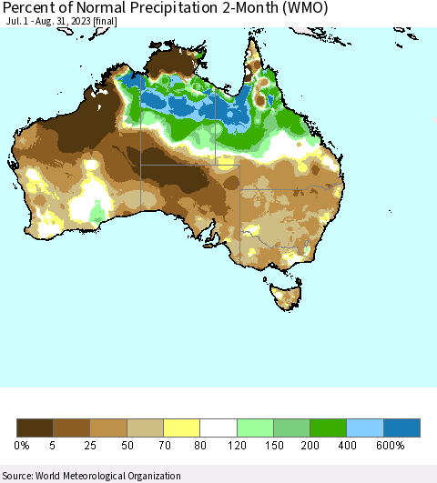 Australia Percent of Normal Precipitation 2-Month (WMO) Thematic Map For 7/1/2023 - 8/31/2023