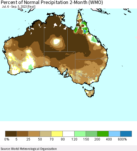Australia Percent of Normal Precipitation 2-Month (WMO) Thematic Map For 7/6/2023 - 9/5/2023