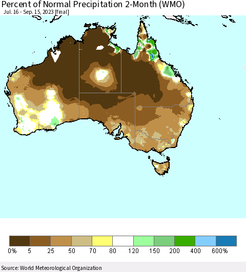 Australia Percent of Normal Precipitation 2-Month (WMO) Thematic Map For 7/16/2023 - 9/15/2023