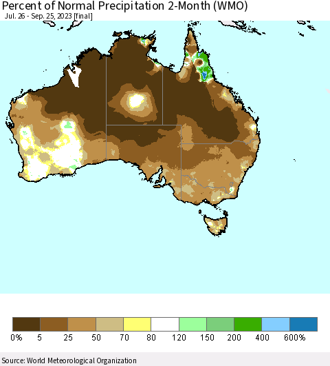 Australia Percent of Normal Precipitation 2-Month (WMO) Thematic Map For 7/26/2023 - 9/25/2023