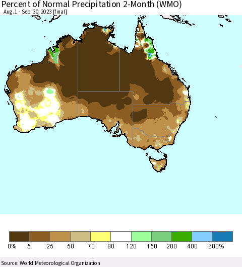 Australia Percent of Normal Precipitation 2-Month (WMO) Thematic Map For 8/1/2023 - 9/30/2023