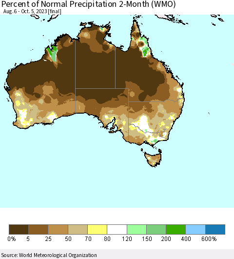 Australia Percent of Normal Precipitation 2-Month (WMO) Thematic Map For 8/6/2023 - 10/5/2023