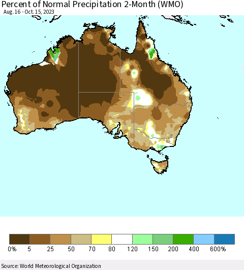 Australia Percent of Normal Precipitation 2-Month (WMO) Thematic Map For 8/16/2023 - 10/15/2023