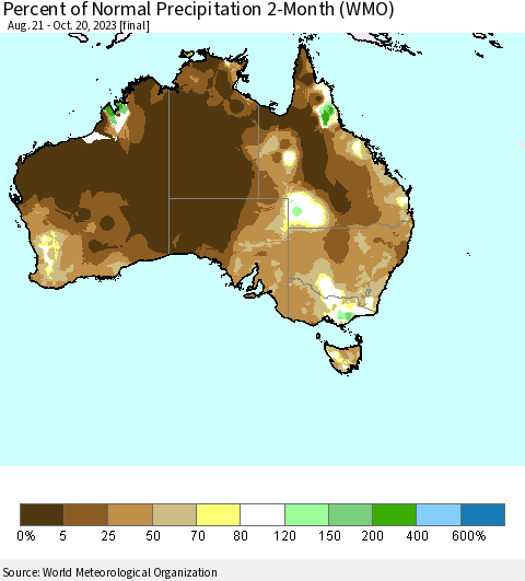 Australia Percent of Normal Precipitation 2-Month (WMO) Thematic Map For 8/21/2023 - 10/20/2023