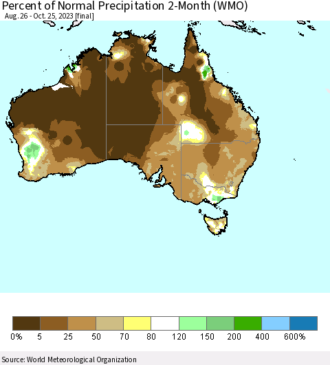 Australia Percent of Normal Precipitation 2-Month (WMO) Thematic Map For 8/26/2023 - 10/25/2023