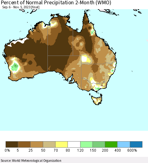 Australia Percent of Normal Precipitation 2-Month (WMO) Thematic Map For 9/6/2023 - 11/5/2023