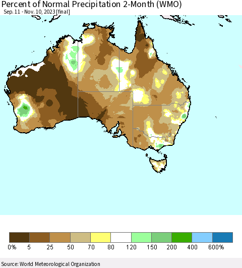 Australia Percent of Normal Precipitation 2-Month (WMO) Thematic Map For 9/11/2023 - 11/10/2023