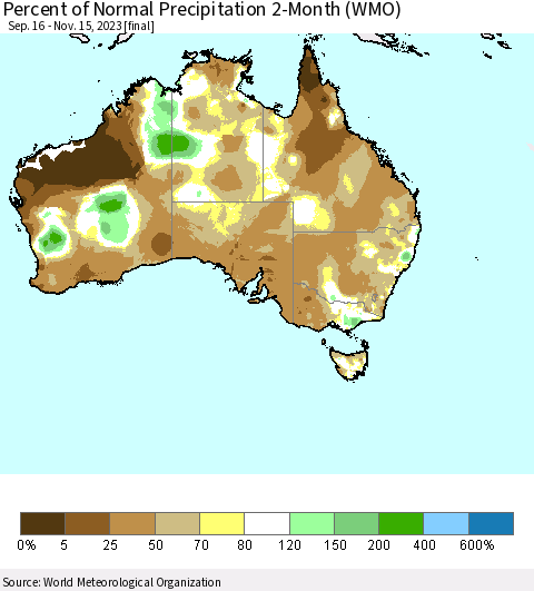 Australia Percent of Normal Precipitation 2-Month (WMO) Thematic Map For 9/16/2023 - 11/15/2023