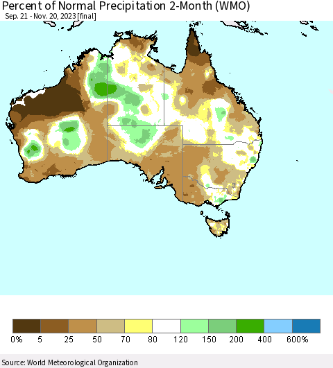 Australia Percent of Normal Precipitation 2-Month (WMO) Thematic Map For 9/21/2023 - 11/20/2023