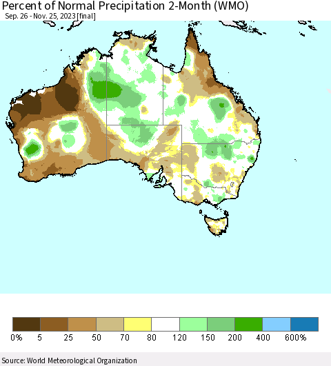 Australia Percent of Normal Precipitation 2-Month (WMO) Thematic Map For 9/26/2023 - 11/25/2023