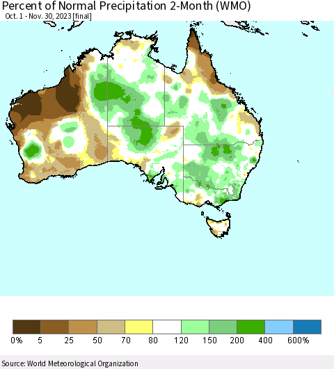 Australia Percent of Normal Precipitation 2-Month (WMO) Thematic Map For 10/1/2023 - 11/30/2023