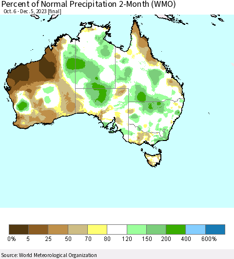 Australia Percent of Normal Precipitation 2-Month (WMO) Thematic Map For 10/6/2023 - 12/5/2023