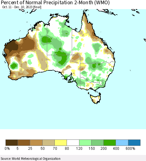 Australia Percent of Normal Precipitation 2-Month (WMO) Thematic Map For 10/11/2023 - 12/10/2023