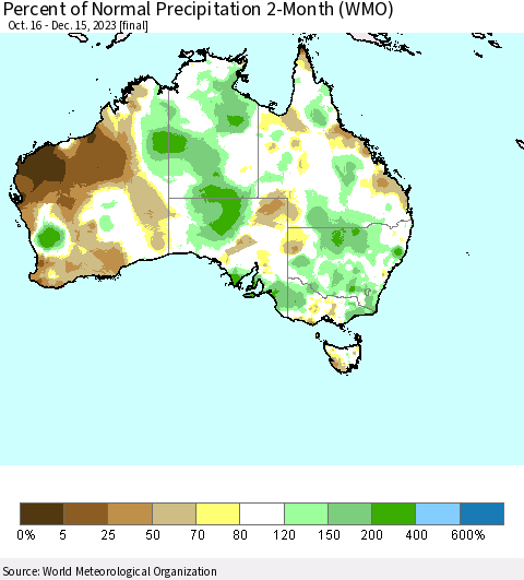 Australia Percent of Normal Precipitation 2-Month (WMO) Thematic Map For 10/16/2023 - 12/15/2023