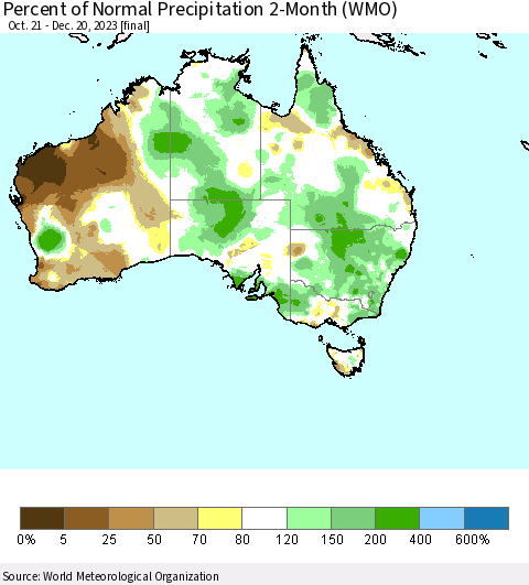 Australia Percent of Normal Precipitation 2-Month (WMO) Thematic Map For 10/21/2023 - 12/20/2023