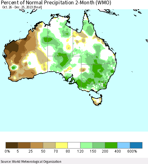 Australia Percent of Normal Precipitation 2-Month (WMO) Thematic Map For 10/26/2023 - 12/25/2023